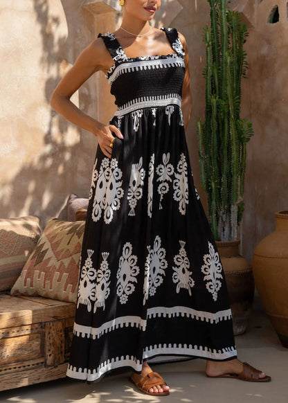 Rose Print Patchwork Cotton Spaghetti Strap Dress Summer