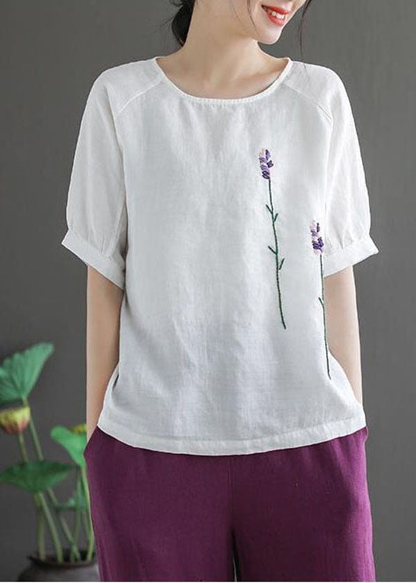Organic White O-neck Embroidered Linen Tank Tops Short Sleeve