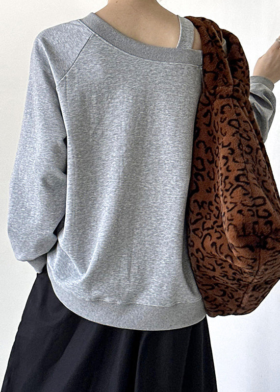 Grey Cotton Top Asymmetrical Long Sleeve