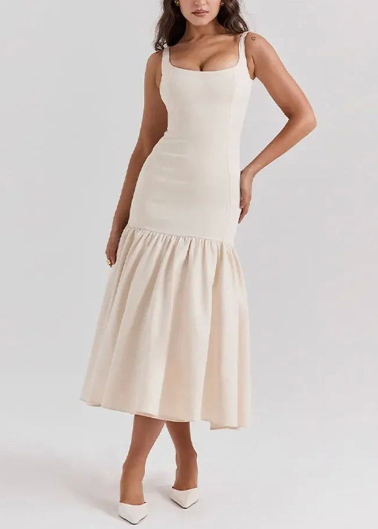 Slim Fit White Wrinkled Patchwork Cotton Spaghetti Strap Dress Summer