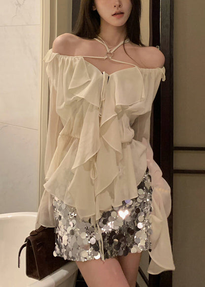Classy White Ruffled Lace Up Chiffon Shirt Long Sleeve