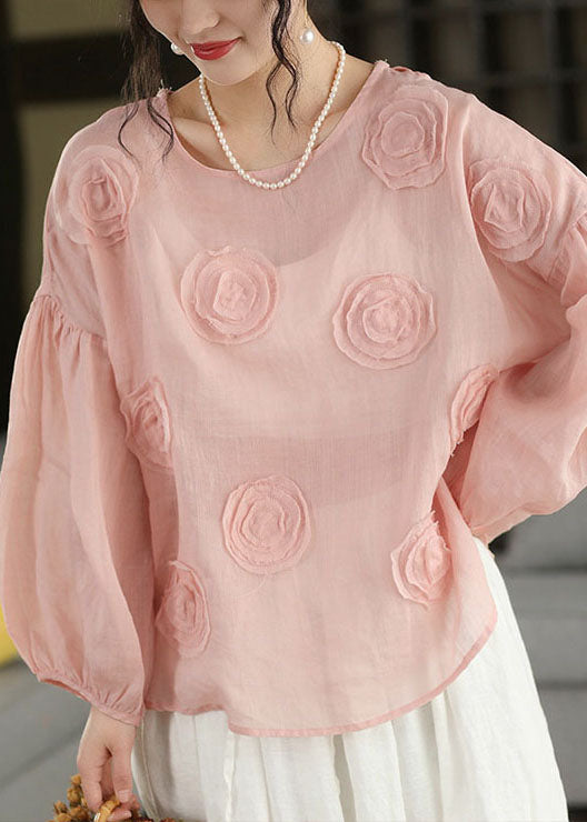 Organic Pink O Neck Linen Shirt Lantern Sleeve