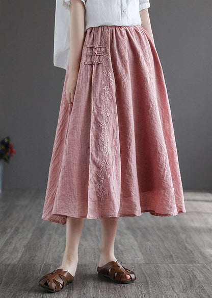 Pink Embroidered Chinese Button Linen Skirts Spring