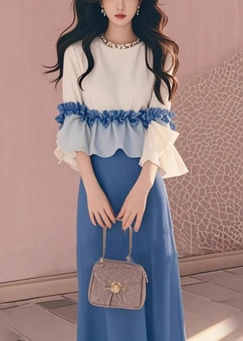 New Apricot Ruffled Tops and Blue Skirts Cotton Two Piece Set Fall