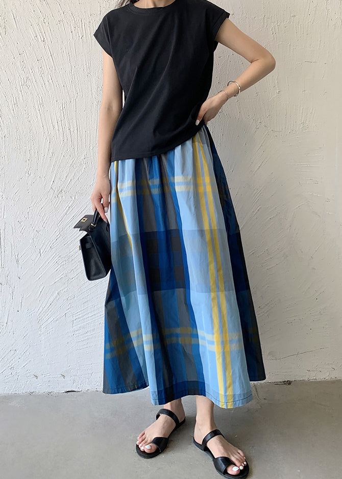Blue Plaid Exra Large Hem Cotton Skirt Spring