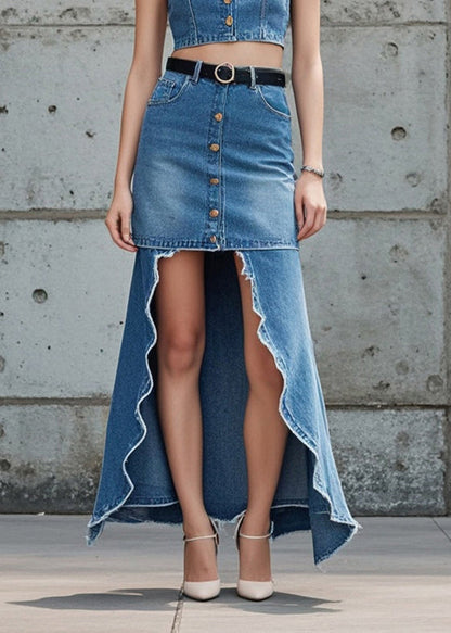 Blue Low High Design Patchwork Denim Skirts Fall
