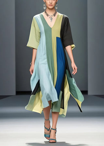 Art Asymmetrical Patchwork Side Open Cotton Long Dresses Summer