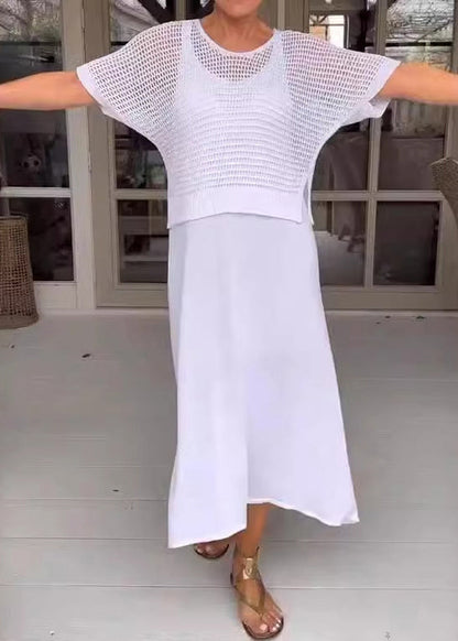 Apricot Knit Top and Spaghetti Strap Dress Two-piece Set Summer