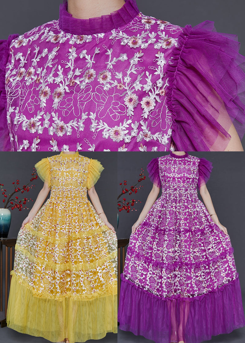 French Yellow Embroidered Patchwork Tulle Holiday Dress Summer