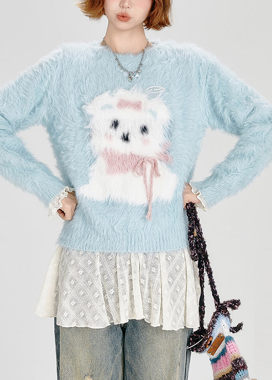 Classy Sky Blue Dog Fuzzy Fur Fluffy Knitted Tops Winter