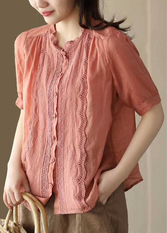 Fine Orange O-neck Patchwork Hollow Out Button Ramie Shirts Short Sleeve