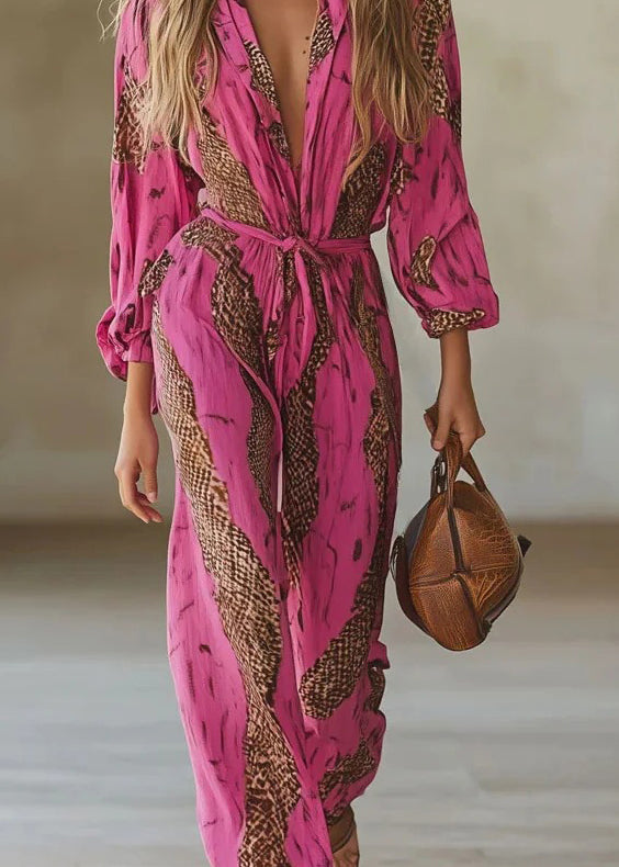 Pink V Neck Print Lace Up Cotton Jumpsuit Fall