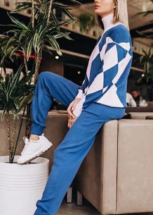 Blue Hign Neck Geometric Knit Two Pieces Set Winter
