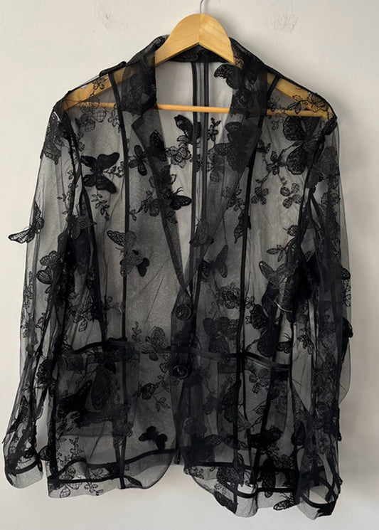 Oversized Black Notched Butterfly Embroidered Tulle Shirt Summer
