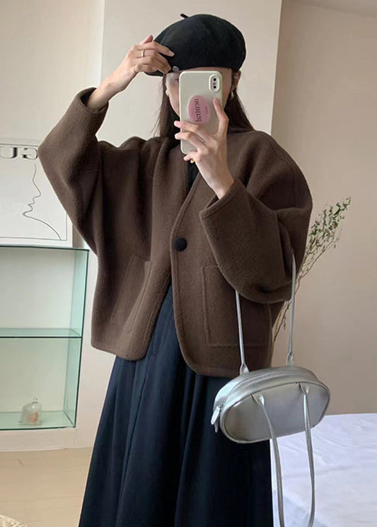 Coffee V Neck Pockets Woolen Short Coat Winter