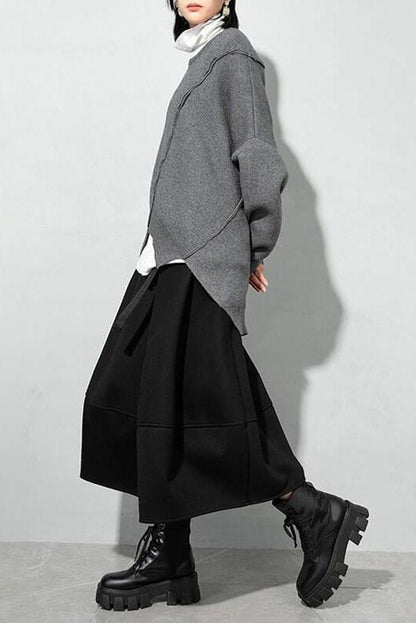 O-neck Knitted Irregular Hem Pure Color Sweater