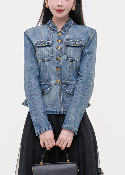 Slim Fit Blue Stand Collar Pockets Patchwork Denim Coats Spring