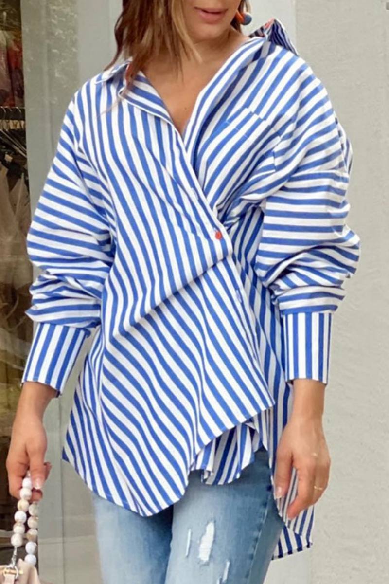 Striped Print Patchwork Asymmetrical Shirt Collar Tops