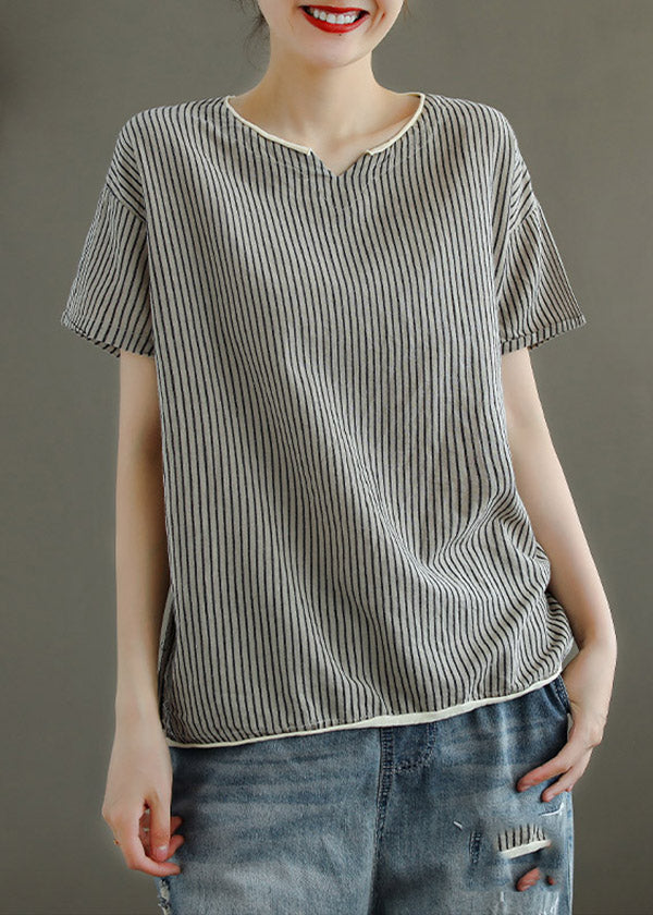 Grey V Neck Striped Patchwork Linen Tank Tops Short Sleeve