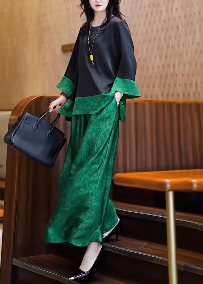 Loose Black O Neck Tops and Green Pants Patchwork Silk Two Pieces Set Fall