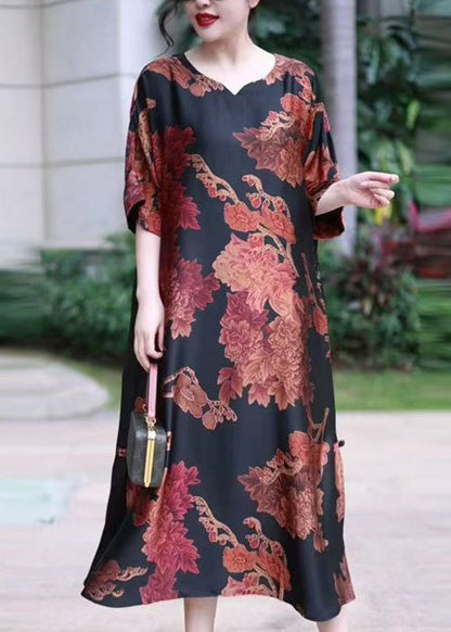 Red V Neck Print Silk Long Dress Summer