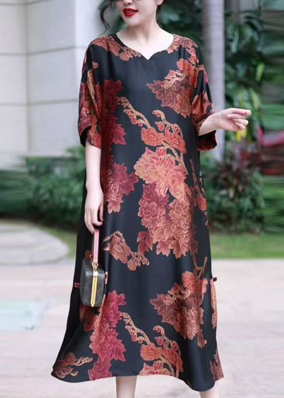 Red V Neck Print Silk Long Dress Summer