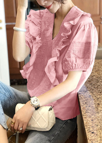 Pink V Neck Ruffled Top Short Sleeve