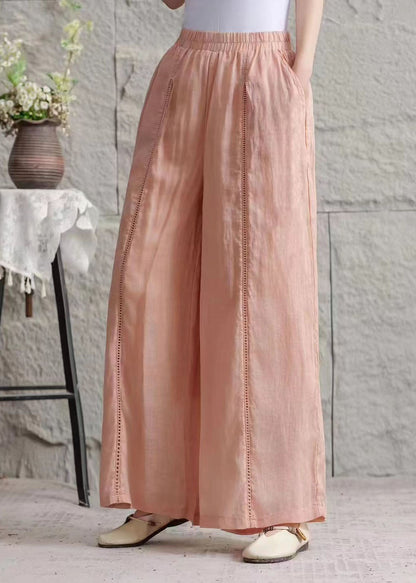 Green Pockets Hollow Out Patchwork Linen Pants Summer