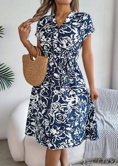 Navy V Neck Print Lace Up Chiffon Dresses Summer