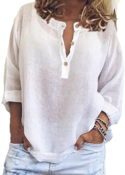 Simple Style White V Neck Cotton Shirt Long Sleeve