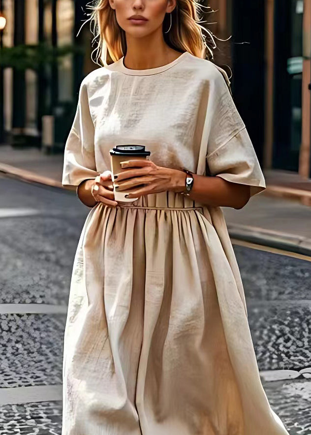 Beige O Neck Wrinkled Patchwork Linen Dress Summer