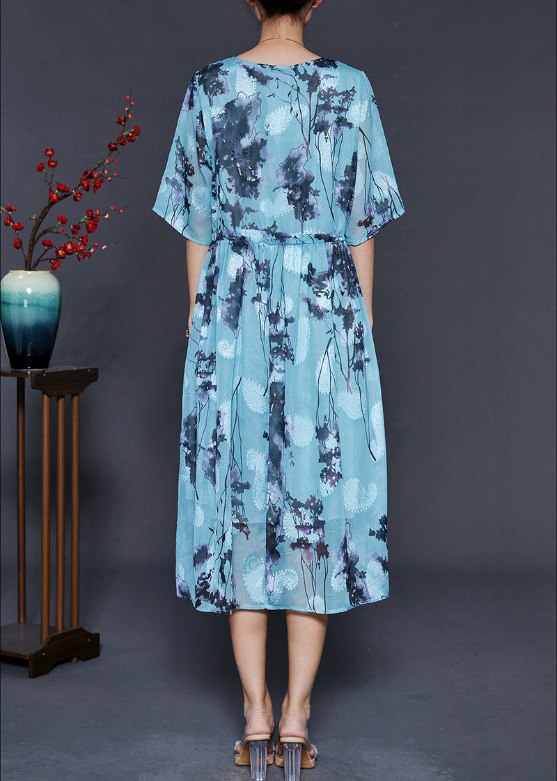 Blue Cinched Print Chiffon Long Dresses Summer