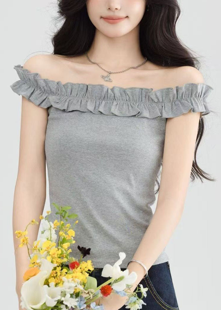 Style Grey Slash Neck Ruffled Short Sleeve Yoga Tops
