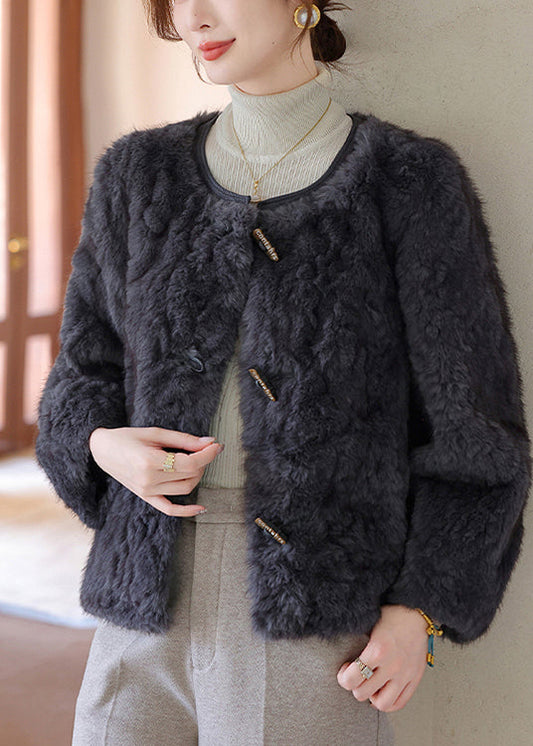 Dark Grey O-neck Thick Faux Fur Coat Winter