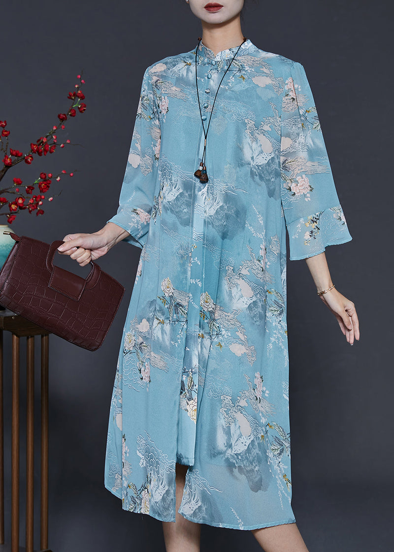 French Blue Mandarin Collar Print Chiffon Dresses Summer