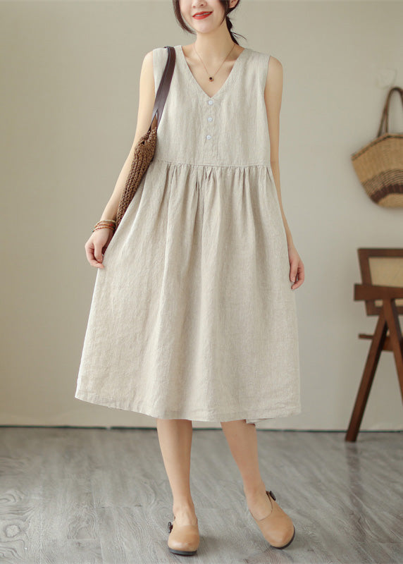 Beige O-neck Cotton Long Dress Sleeveless