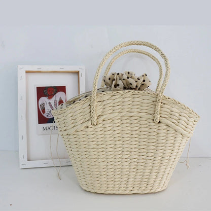 Summer New Straw Woven Braided Top Handle Travel Shopping Bucket Simple Large Handbags