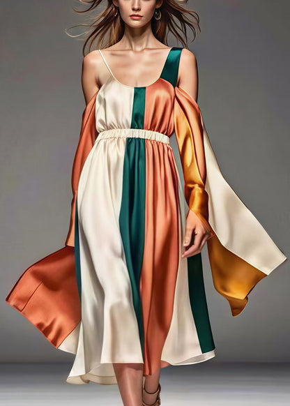 Organic Colorblock Asymmetrical Patchwork Silk Robe Dresses Summer