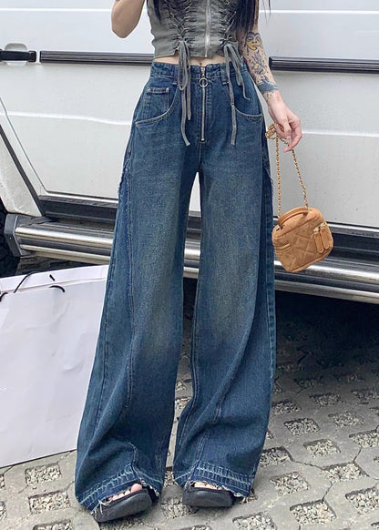 Blue Zip Up Pockets Denim Wide Leg Pants Summer