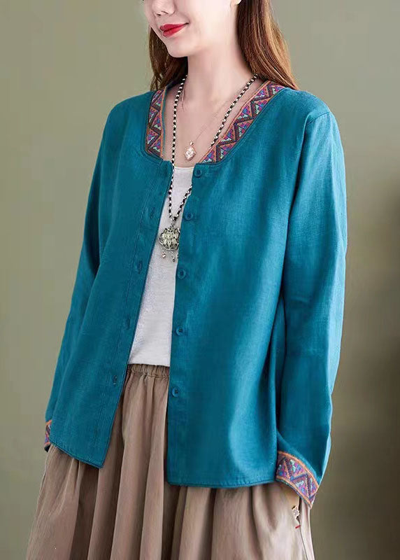 Blue V Neck Embroidered Patchwork Linen Shirts Top Spring