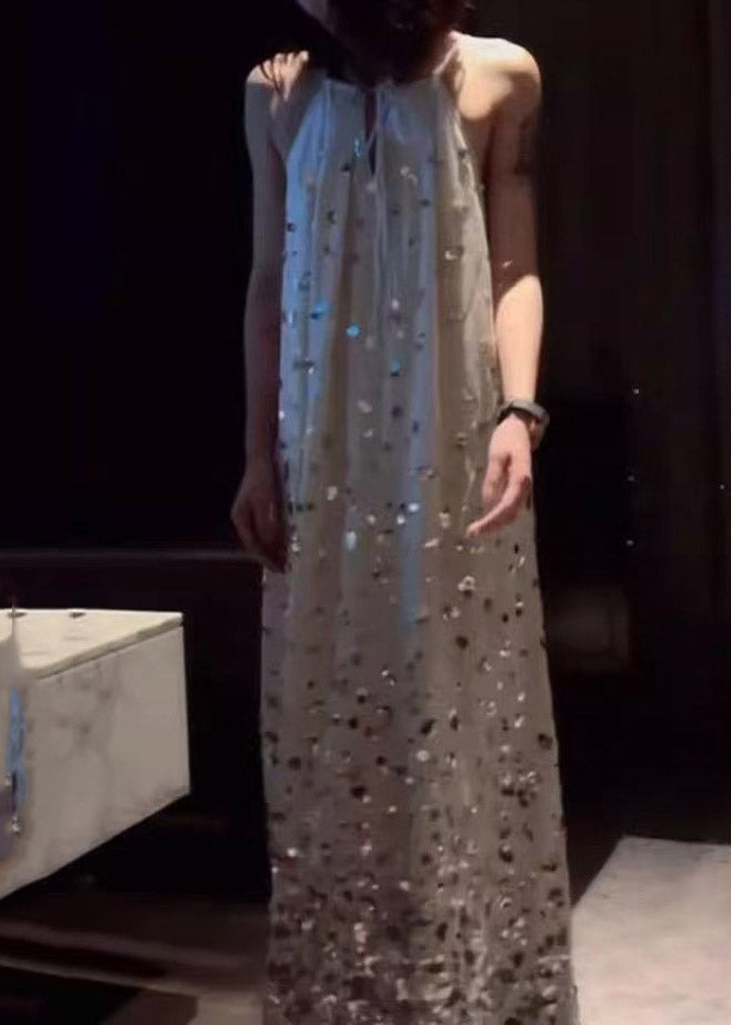 French Halter Sequins Line Maxi Spaghetti Strap Dress Sleeveless
