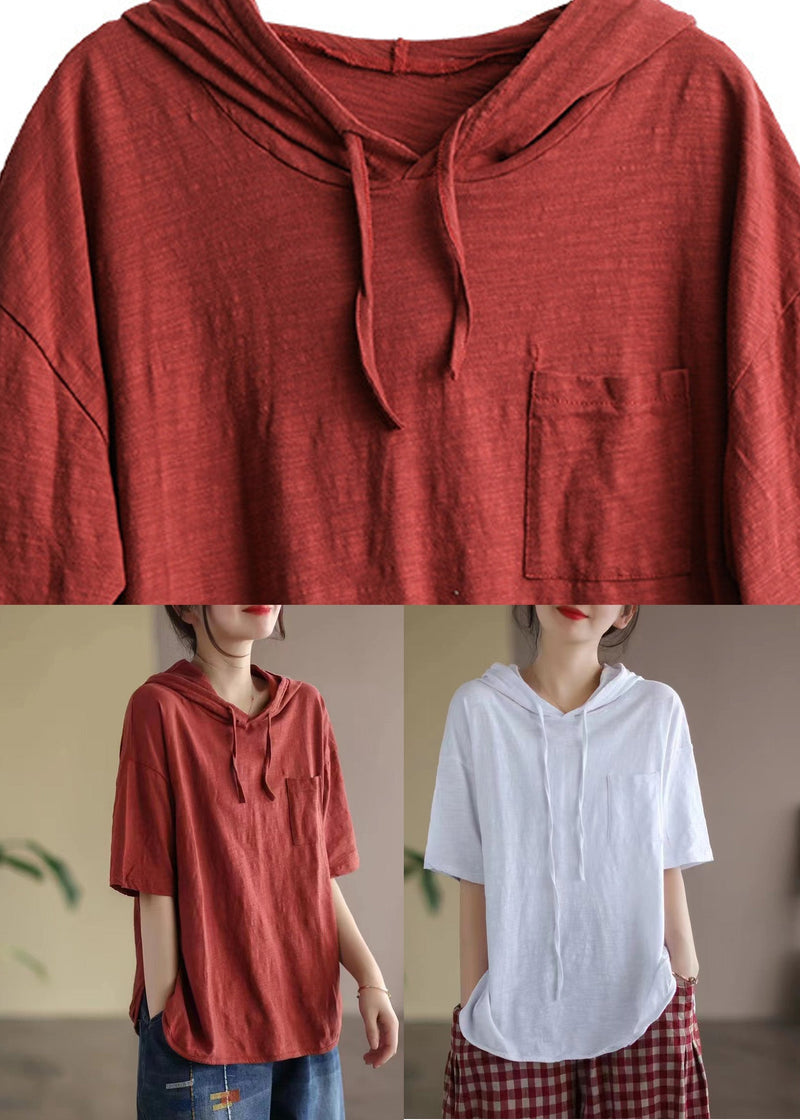 Italian White Patchwork Cozy Cotton Hooded Top Short Sleeve