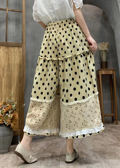 Yellow Dot Print Ruffled Patchwork Elastic Waist Crop Wide Leg Pants