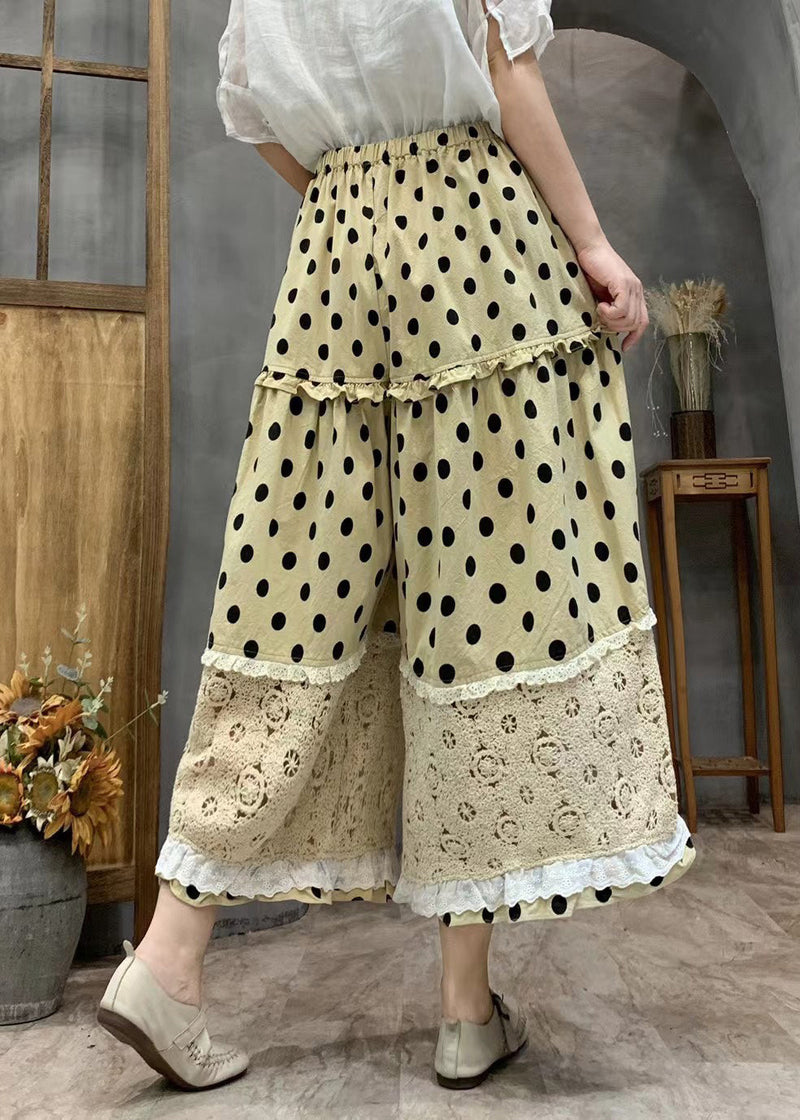 Yellow Dot Print Ruffled Patchwork Elastic Waist Crop Wide Leg Pants