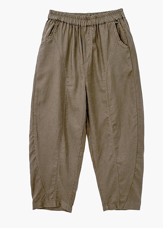 Camel Pockets Elastic Waist Cotton Pants Fall