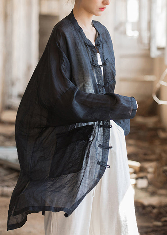 Black Oriental Button Linen Shirts Tops Spring