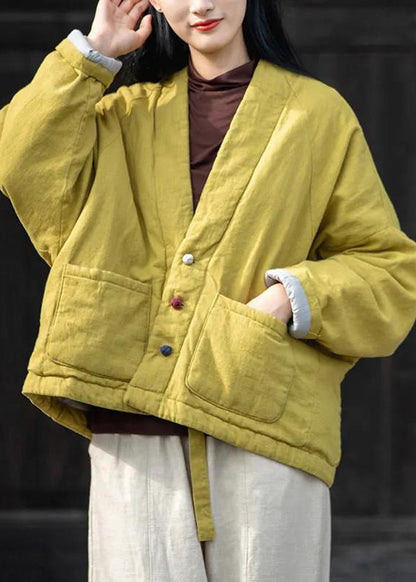 Yellow V Neck Pockets Fine Cotton Filled Coats Winter