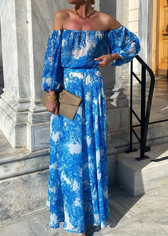 Blue Slash Neck Print Cotton Dress Long Sleeve