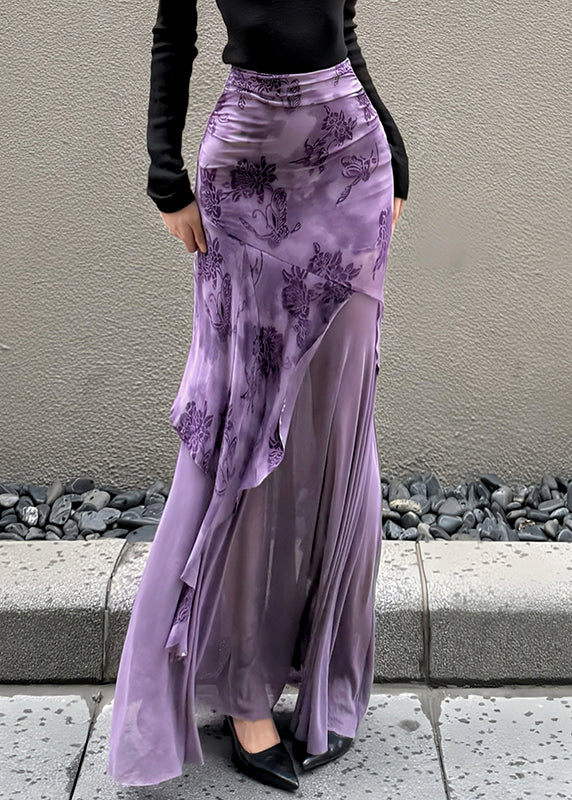 Purple Print Patchwork Tulle Wraped Skirts Spring