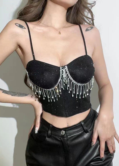 Khaki Straight Neck Rhinestone Tassel Short Strap